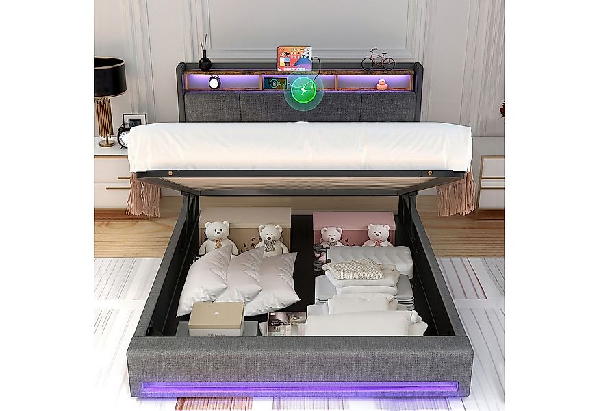 oyajia Polsterbett Doppelbett mit LED Licht 140x200cm,Hydraulisch anhebbare günstig online kaufen