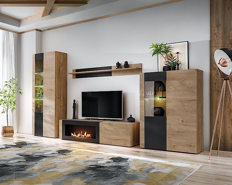 ASM-Moebel Wohnwand Wohnwand ARON-K mit Rillenfront und Bio Ethanol Kamin L günstig online kaufen