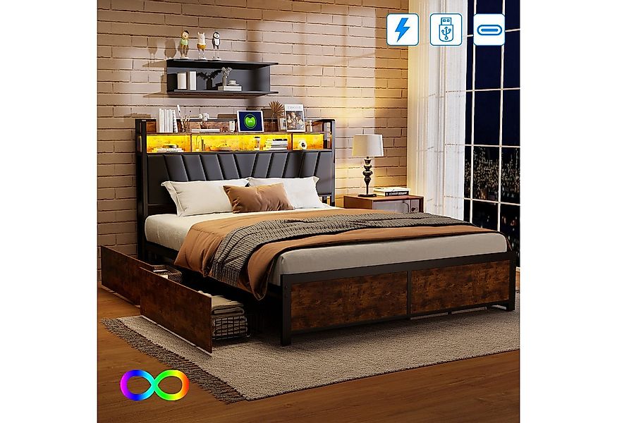 Furnishings Home Stauraumbett Doppelbett Polsterbett LED (4 Schubladen), Mi günstig online kaufen