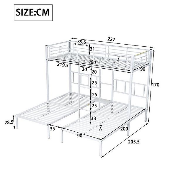 Flieks Etagenbett, Dreierbett Kinderbett Metallbett mit Leiter 90x200cm*3 günstig online kaufen