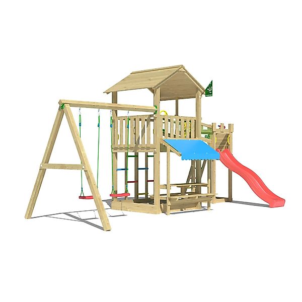 Jungle Gym Spielturm Cascade Holz Picnic m. 2 Schaukeln Brücke Rutsche Rot günstig online kaufen