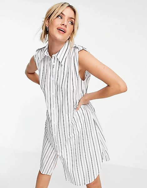 Urban Revivo – Ärmelloses, gestreiftes Oversize-Hemdkleid in Weiß-Grau günstig online kaufen