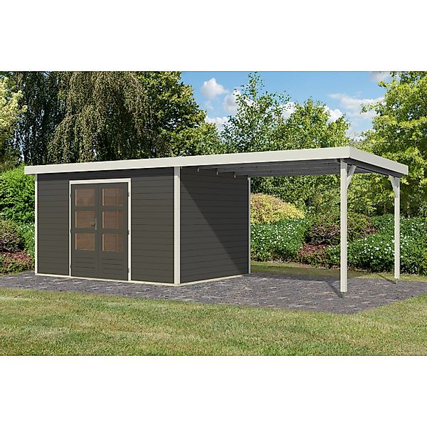 Karibu Gartenhaus Domingo 7 B m. Anbaudach Terragrau/Weiß 219 x 360 x 240 c günstig online kaufen