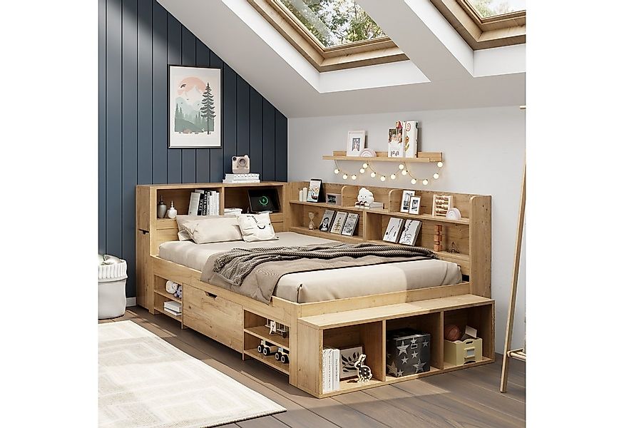 REDOM Holzbett Kinderbett mit Lattenrost, integriertem Stauraum (Stauraumbe günstig online kaufen