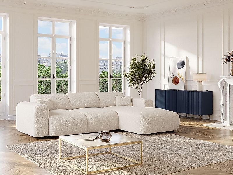 Großes Ecksofa mit Schlaffunktion – Ecke rechts – Bouclé-Stoff – Weiß – POG günstig online kaufen