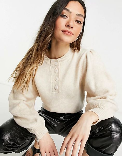 ASOS DESIGN – Pullover mit Knopfleiste in Hafer-Neutral günstig online kaufen
