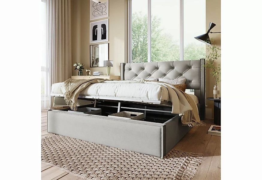 BlingBin Polsterbett Doppelbett Funktionsbett mit Bettkasten 140x200cm Hell günstig online kaufen