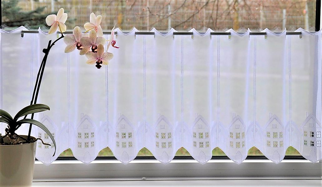 Stickereien Plauen Scheibengardine Häuser, Stangendurchzug (1 günstig online kaufen