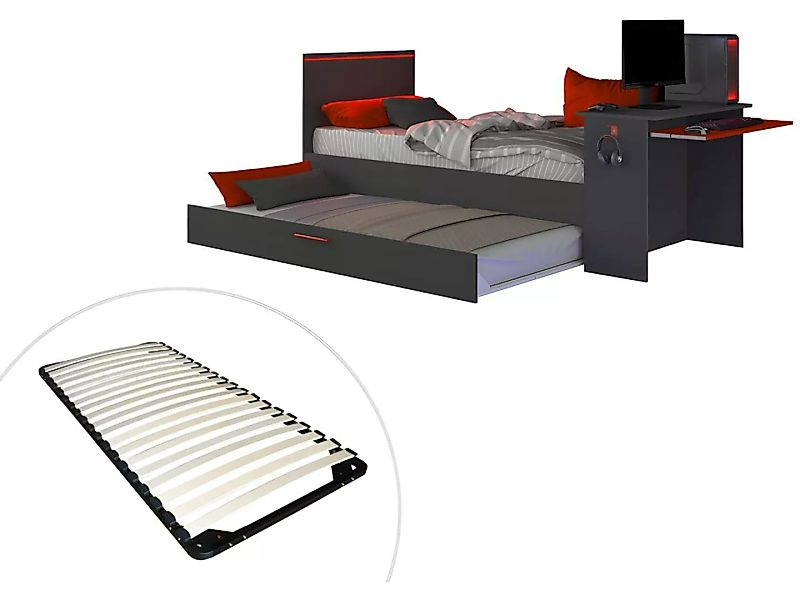 Ausziehbett Gamer mit Schreibtisch & LEDs + Lattenrost  - 2 x 90 x 200 cm - günstig online kaufen