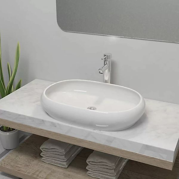 Bad-waschbecken Mit Mischbatterie Keramik Oval Weiß günstig online kaufen
