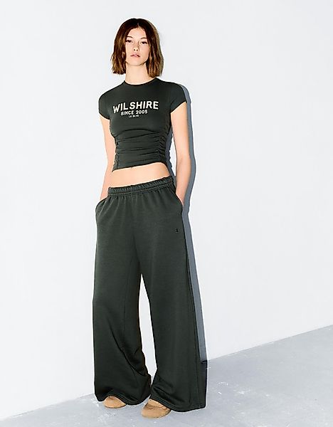 Bershka Wide Leg Plüschhose Damen M Khaki günstig online kaufen