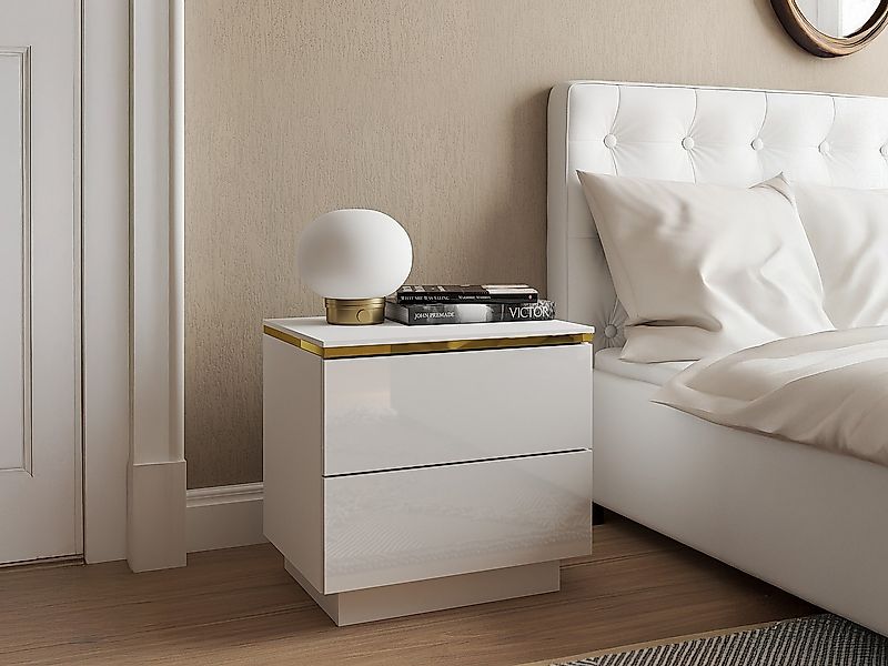 Nachttisch mit 2 Schubladen - Weiß glänzend & Goldfarben - VUKIA von Pascal günstig online kaufen