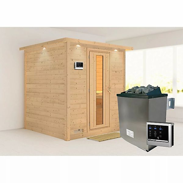 Karibu Sauna Marika mit Ofen m. mit Ofen externe Stg.LED-Dachkranz Natur günstig online kaufen