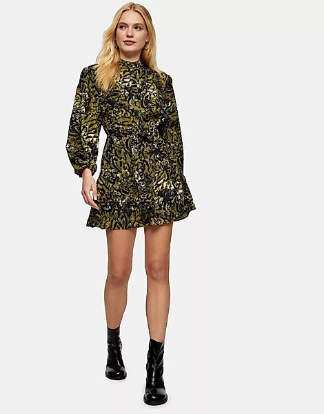 Topshop – Mini-Hemdkleid in Khaki mit Leopardenprint-Grün günstig online kaufen