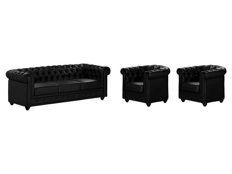 Sofa 3-Sitzer und 2 Sessel - Kunstleder - Schwarz - CHESTERFIELD günstig online kaufen