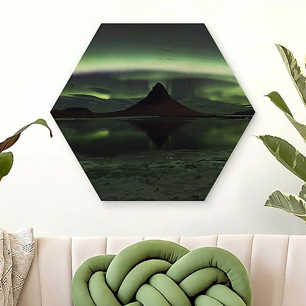 Hexagon-Holzbild Natur & Landschaft Polarlicht in Island günstig online kaufen