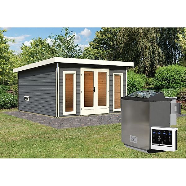 Karibu Saunahaus Magnus 3 Set B Terragrau mit Ofen 9 kW Bio ext. Strg. günstig online kaufen