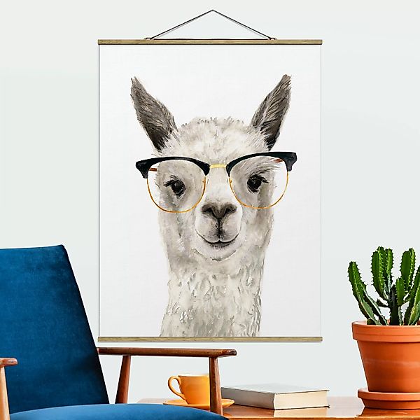 Stoffbild Tiere mit Posterleisten - Hochformat Hippes Lama mit Brille I günstig online kaufen