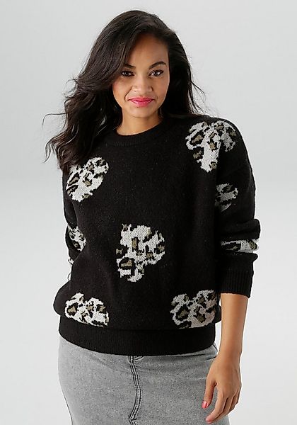 Aniston PLUS Strickpullover mit eingestrickten Herzchen in Animalprint günstig online kaufen