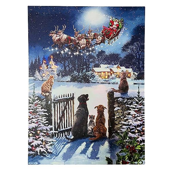 LED Bild Winterlandschaft Hunde Katzen Weihnachtsmann Leinwand 38x28cm günstig online kaufen