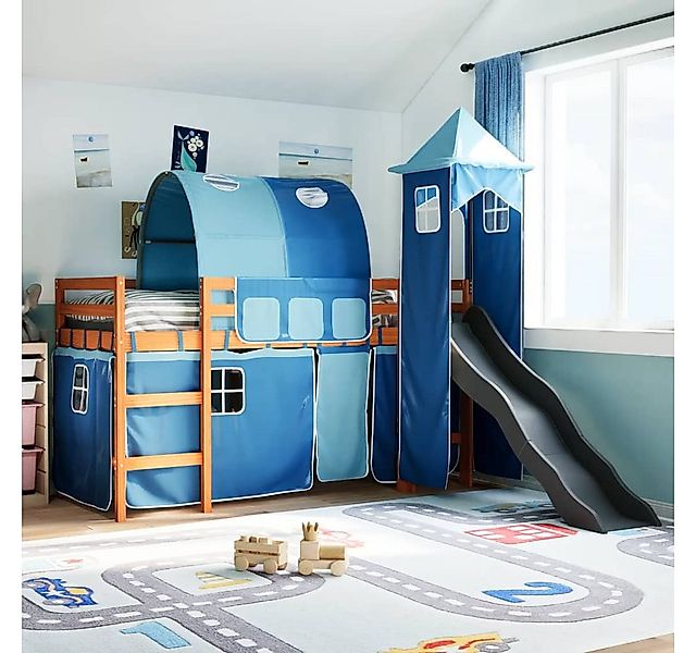 vidaXL Bett, Kinderhochbett mit Turm Blau 90x200 cm Massivholz Kiefer günstig online kaufen