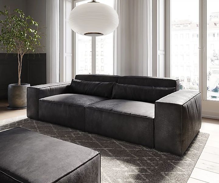 Big-Sofa Sirpio L 260x110 cm Lederimitat Vintage Anthrazit  mit Hocker günstig online kaufen