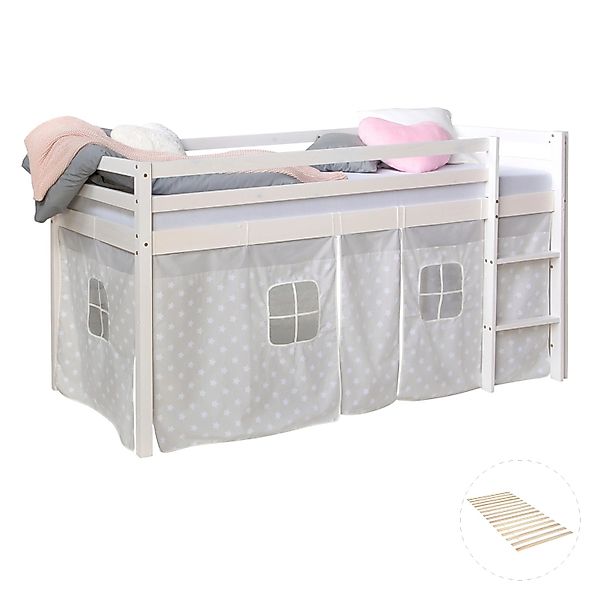 Homestyle4u Hochbett 90x200 mit Vorhang und Lattenrost Weiß Sterne 2765 günstig online kaufen