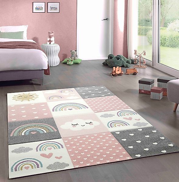 Carpetia Kinderteppich Kinderzimmer Herzchen Wolken Regenbogen günstig online kaufen