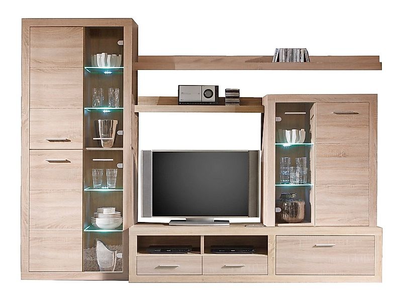 Wohnwand CAN CAN, Eiche Sonoma Dekor, mit Glastüren, (5-St), mit LED-Glasbo günstig online kaufen