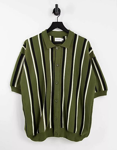 Topman – Kastige Hemdjacke aus Strick in Khaki gestreift-Grün günstig online kaufen