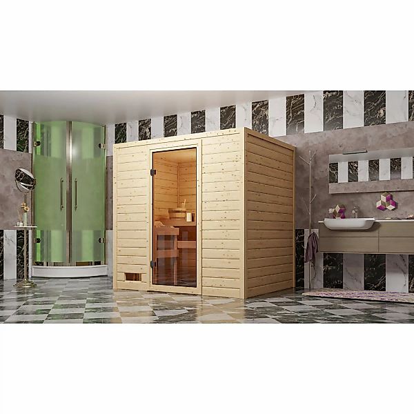 Woodfeeling Sauna Selena inkl. 9 kW Ofen mit integr. Strg. Glastür Bronzier günstig online kaufen