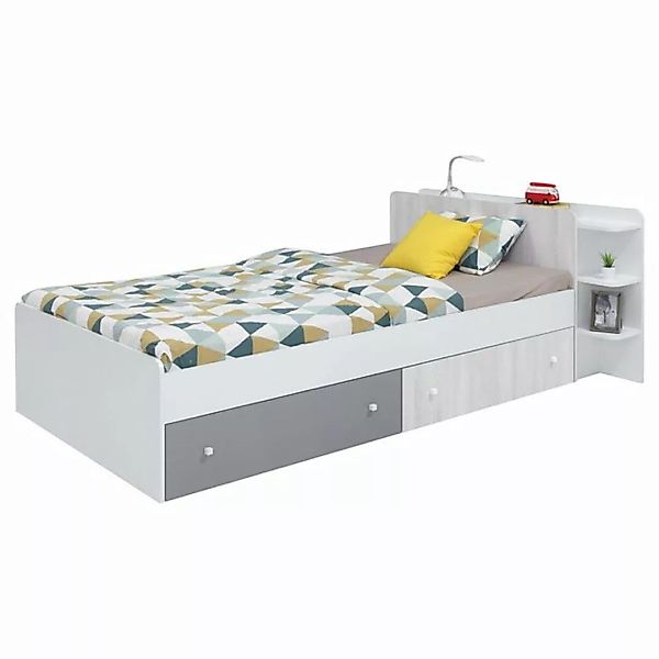 Bett 120x200 cm Liegefläche mit Bettschubladen weiß, Eiche hell, grau COLLI günstig online kaufen