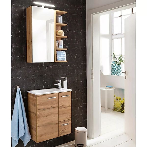 Waschplatz-Set Badezimmermöbel Set in Eiche-Landhaus inkl. Keramik Waschbec günstig online kaufen
