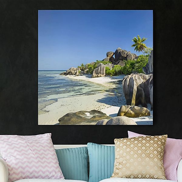 Leinwandbild Strand - Quadrat Traumstrand Seychellen günstig online kaufen