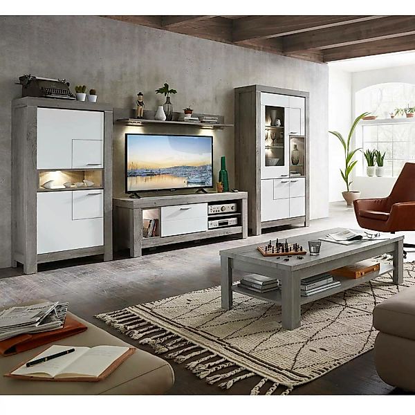 Wohnwand mit Couchtisch GRONAU-55 in weiß matt und Haveleiche Nb. mit 2 Vit günstig online kaufen