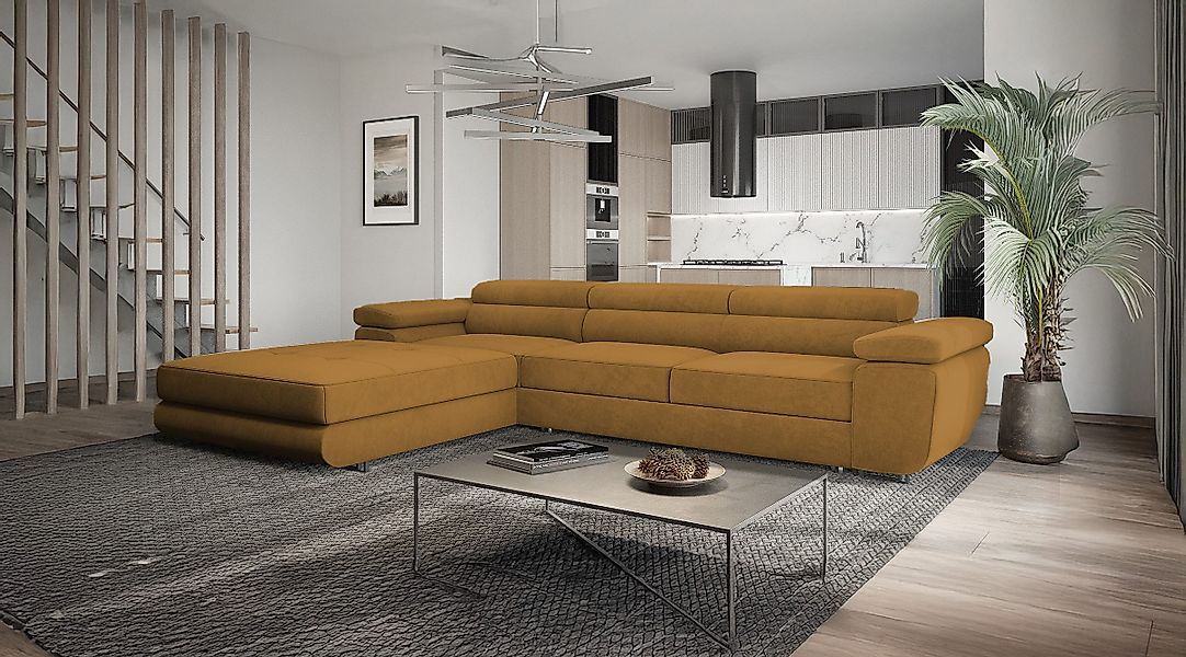 Goldstoff Ecksofa mit Schlaffunktion und Bettkasten, günstig online kaufen