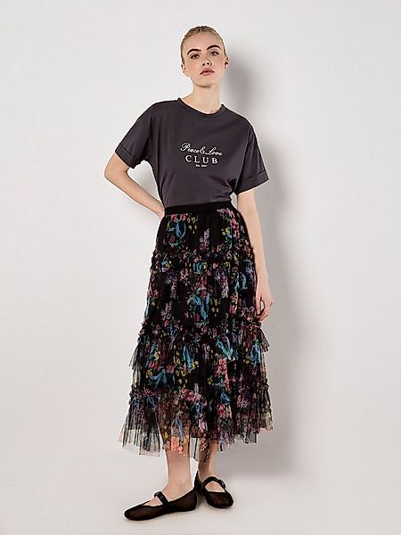 Apricot Midirock Geblümter Midirock aus Tüll mit Lagen günstig online kaufen