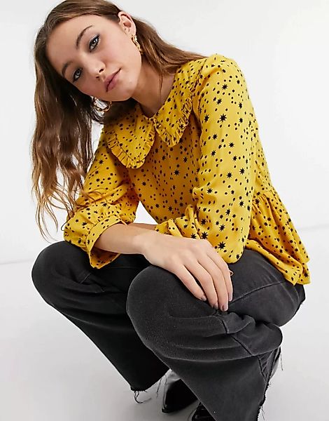 New Look – Bluse mit Rüschenkragen und Sternchenprint in Gelb günstig online kaufen