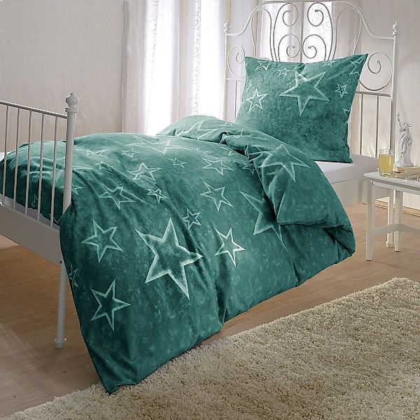 BETTWARENSHOP Bettwäsche Grüne Sterne, Biber, 2 günstig online kaufen