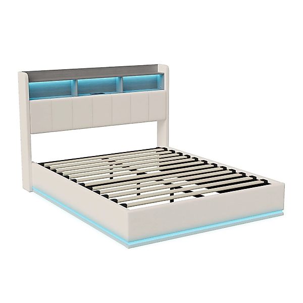 PXloue Doppelbett Bettgestell mit Ladefunktion und Stauraum&LED Beige Samt günstig online kaufen