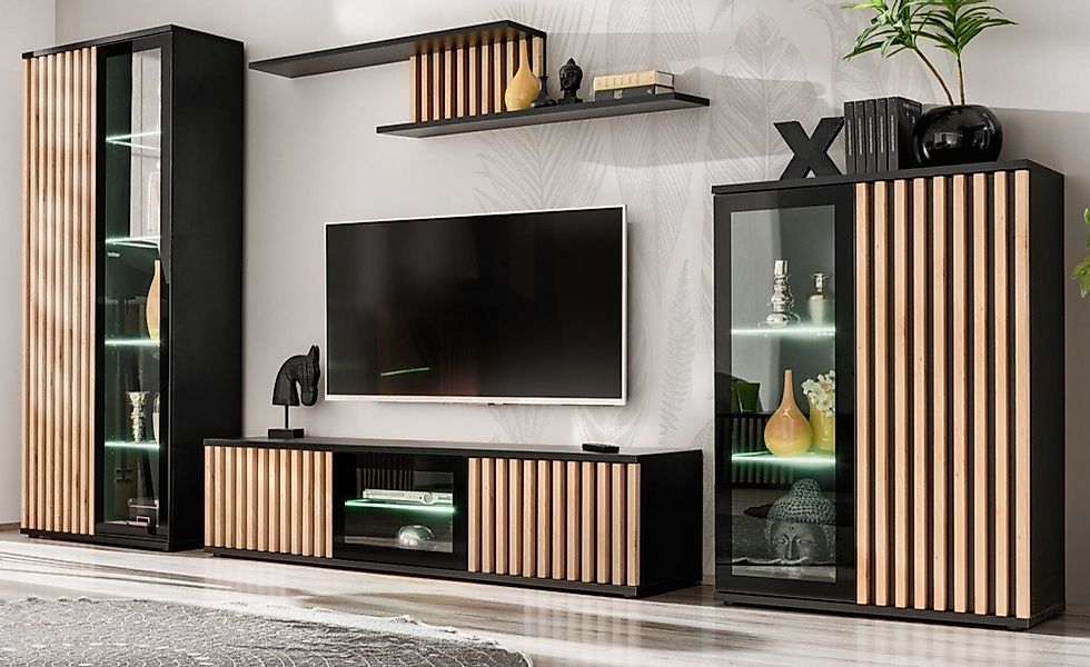 Furn.Design Wohnwand Morgan, (in schwarz matt mit Eiche Lamellen, 4-St., 35 günstig online kaufen