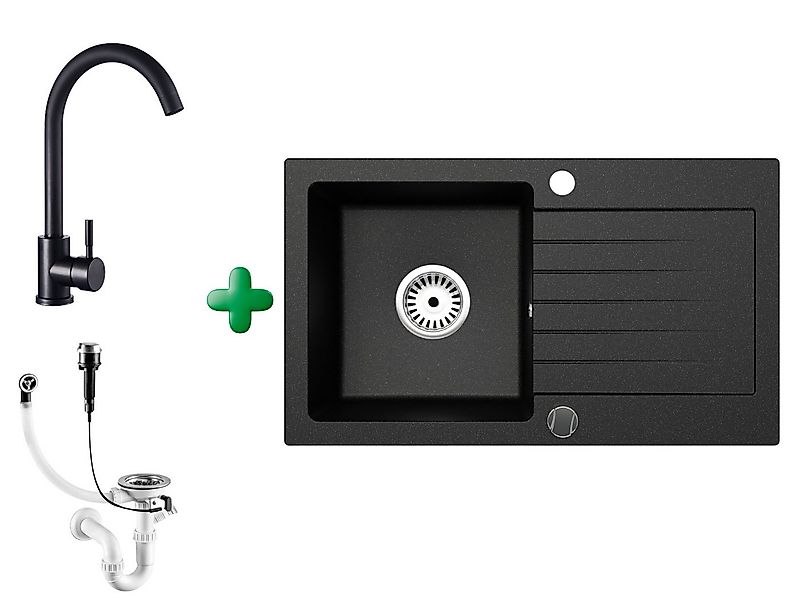 Faizee Möbel Granitspüle Granitspüle 75 cm Schwarz mit passender Armatur Ko günstig online kaufen