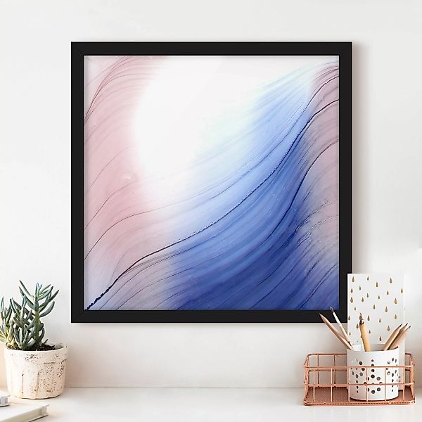 Bild mit Rahmen Melierter Farbtanz Blau mit Rosa günstig online kaufen