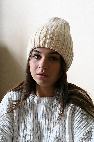 Runde Perlé Beanie warme Wintermütze 100% Merinowolle hellbeige Beanie aus günstig online kaufen