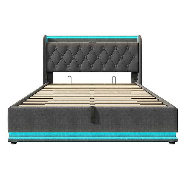 Gotagee Polsterbett Grau Leinen Doppelbett 160x200 cm Hydraulisches Lagerbe günstig online kaufen