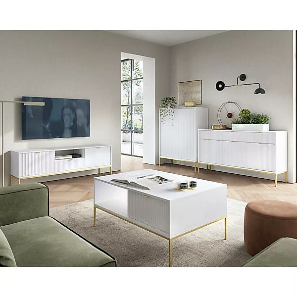Wohnmöbel Set weiß, Fußgestell goldfarben, NEWCASTLE-160, 4-teilig inkl. Co günstig online kaufen