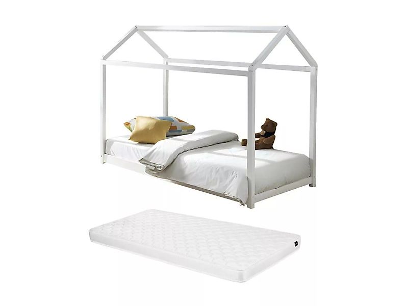 Kinderbett Hausbett + Matratze - 90 x 190 cm - Kiefernholz - Weiß - AVENTUR günstig online kaufen