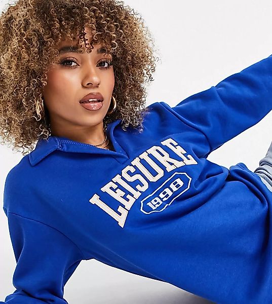 Missguided – Sweatshirt in Blau mit Polokragen und „Leisure"-Grafik günstig online kaufen