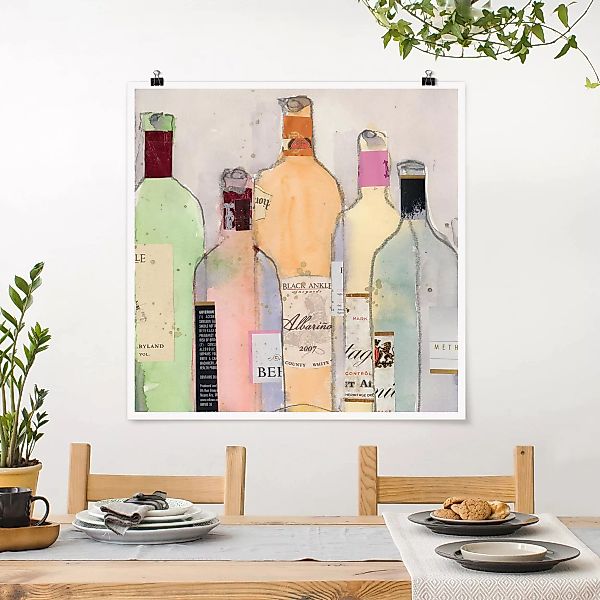 Poster Küche - Quadrat Weinflaschen in Wasserfarbe II günstig online kaufen