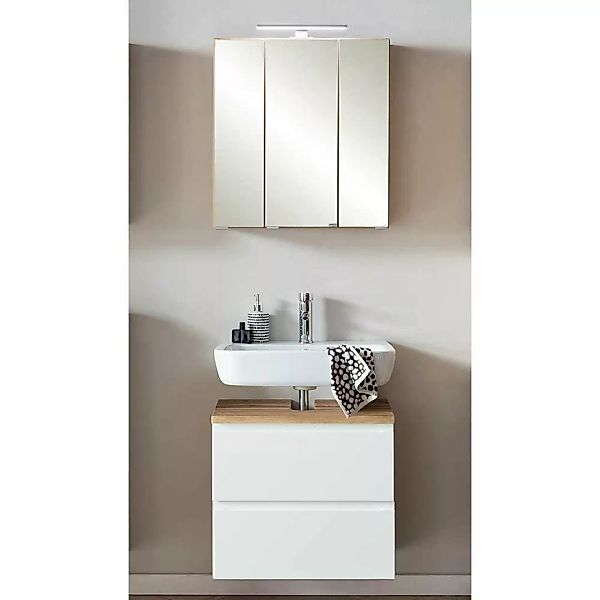 Waschtisch und Spiegelschrank in Weiß und Wildeichefarben modern (zweiteili günstig online kaufen